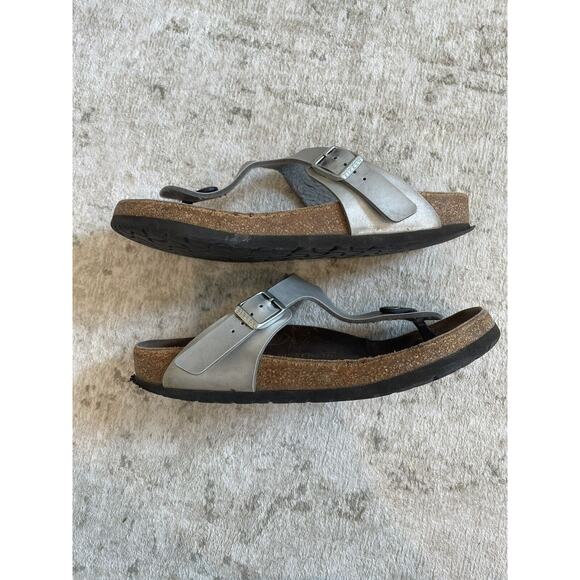 Birkenstock Size 39 Gizeh Birko Flor‎ Sandals Silver Leather Buckle Preloved - Picture 5 of 8